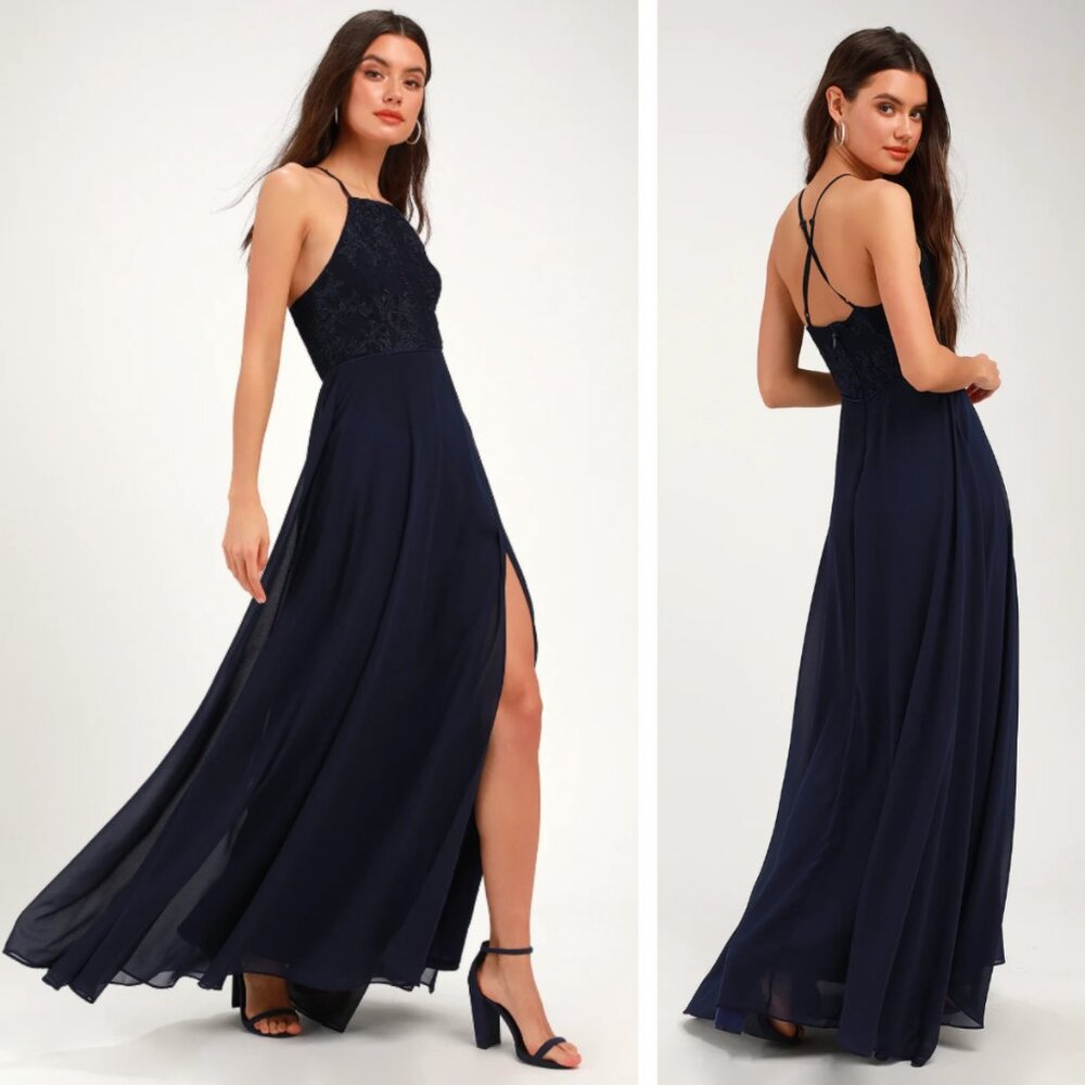 Lulus Glam Love Always Remains Navy Lace Maxi Dress Size Medium